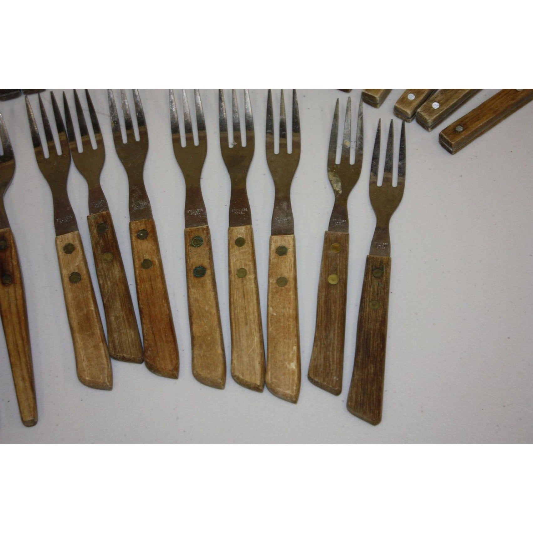 Large Lot of Vintage Wooden MCM Stainless Steel Flatware Knifes, Forks, Spoons