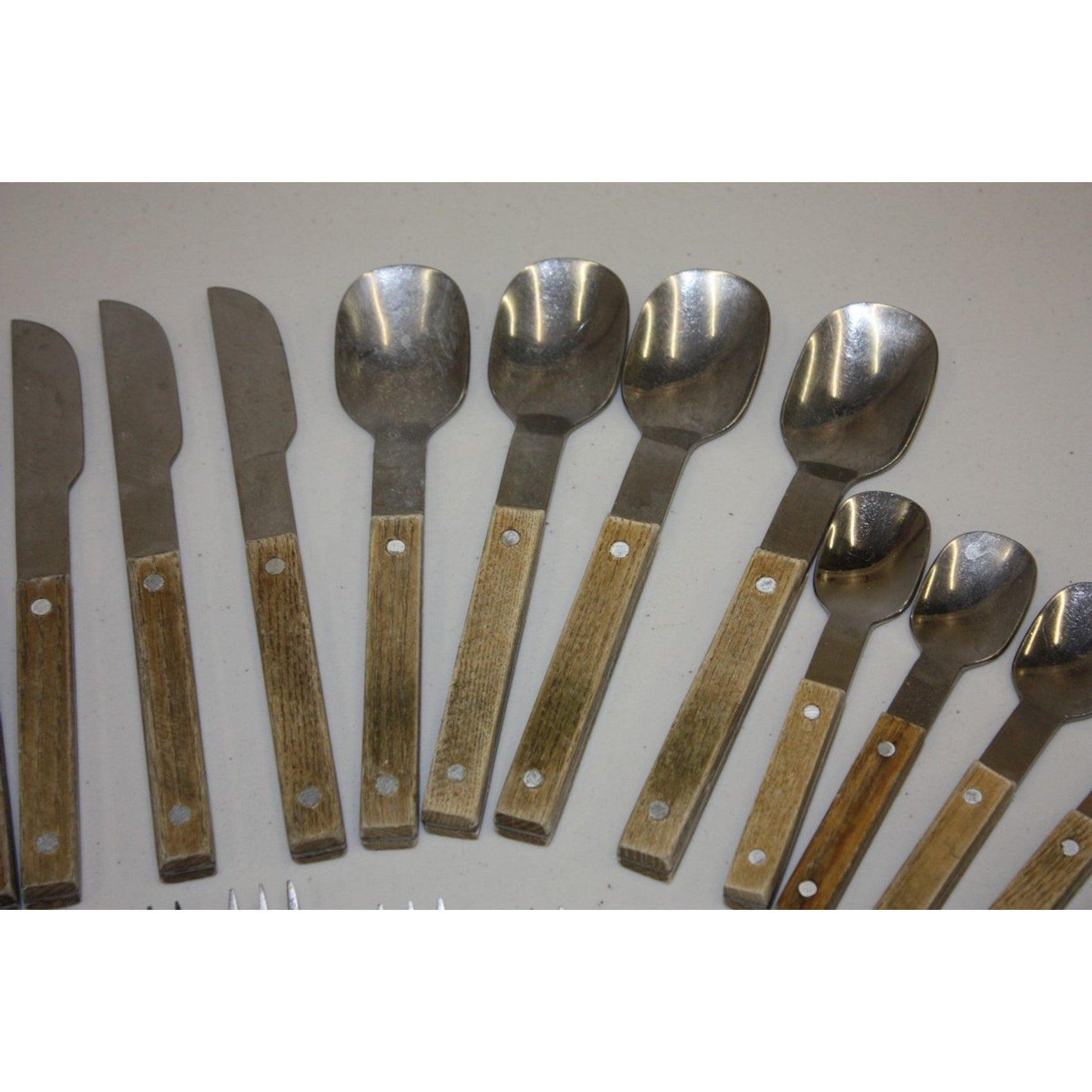Large Lot of Vintage Wooden MCM Stainless Steel Flatware Knifes, Forks, Spoons