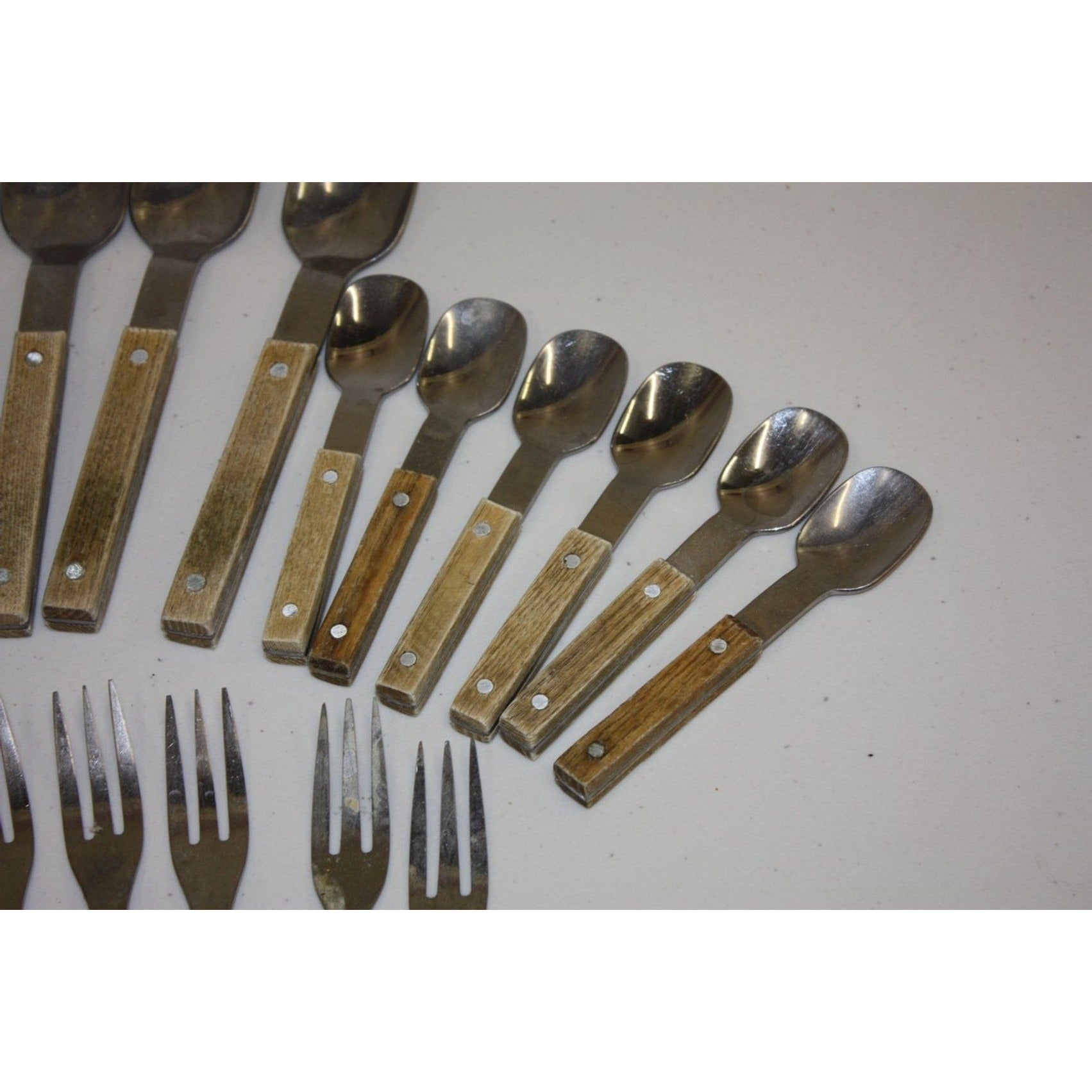 Large Lot of Vintage Wooden MCM Stainless Steel Flatware Knifes, Forks, Spoons