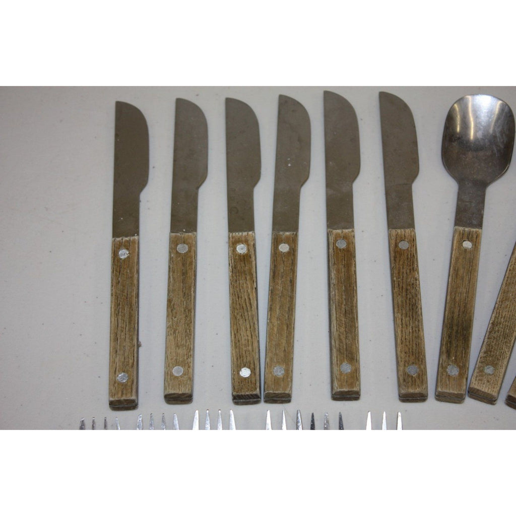 Large Lot of Vintage Wooden MCM Stainless Steel Flatware Knifes, Forks, Spoons