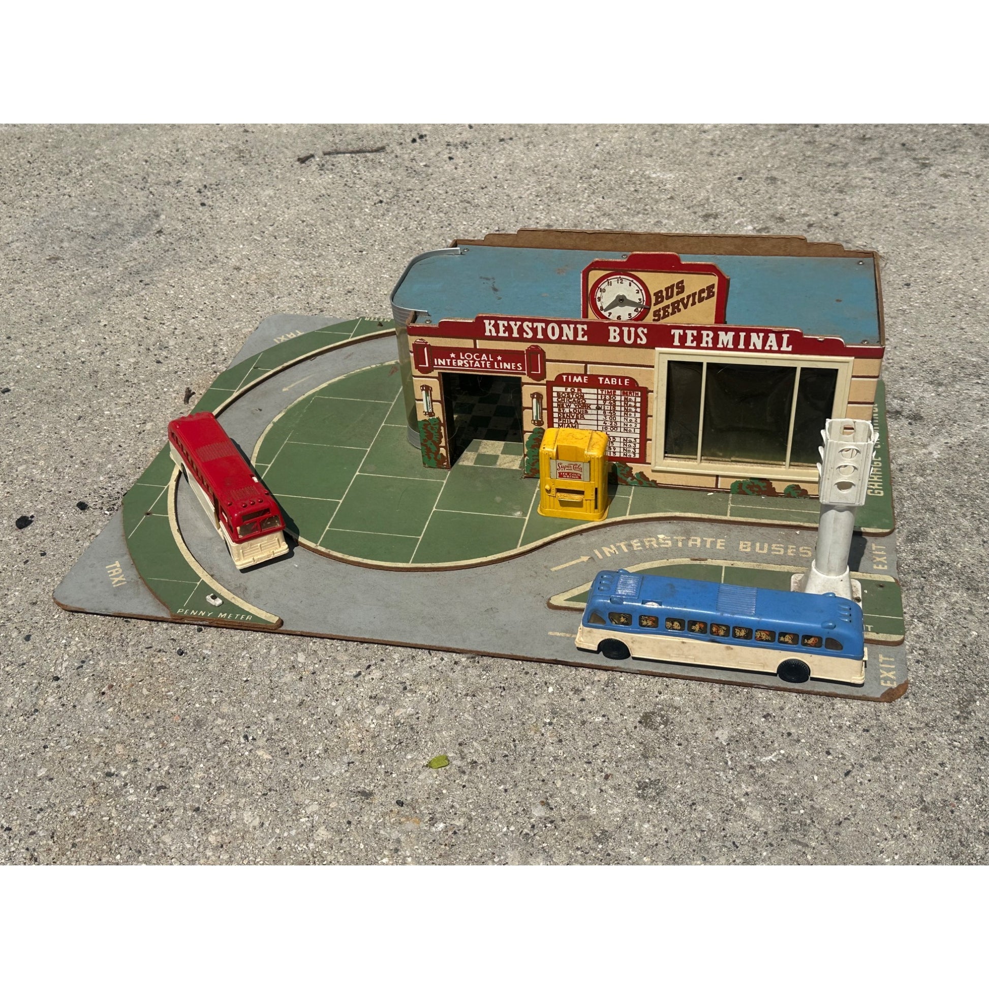 Vintage 1950s Keystone Bus Terminal Toy Playset w/ Greyhound Buses