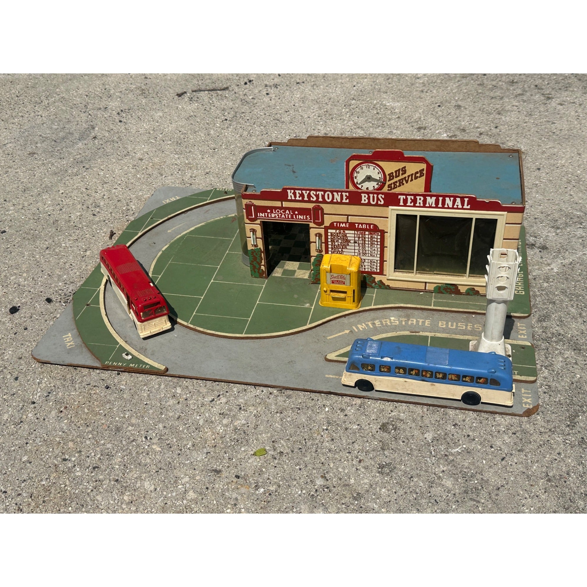 Vintage 1950s Keystone Bus Terminal Toy Playset w/ Greyhound Buses