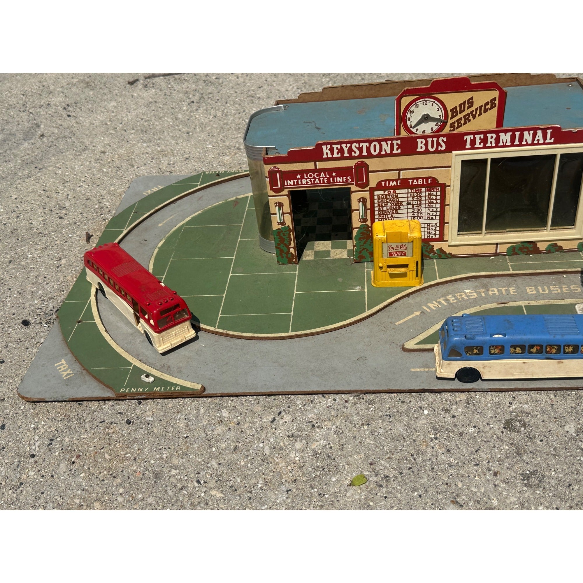 Vintage 1950s Keystone Bus Terminal Toy Playset w/ Greyhound Buses