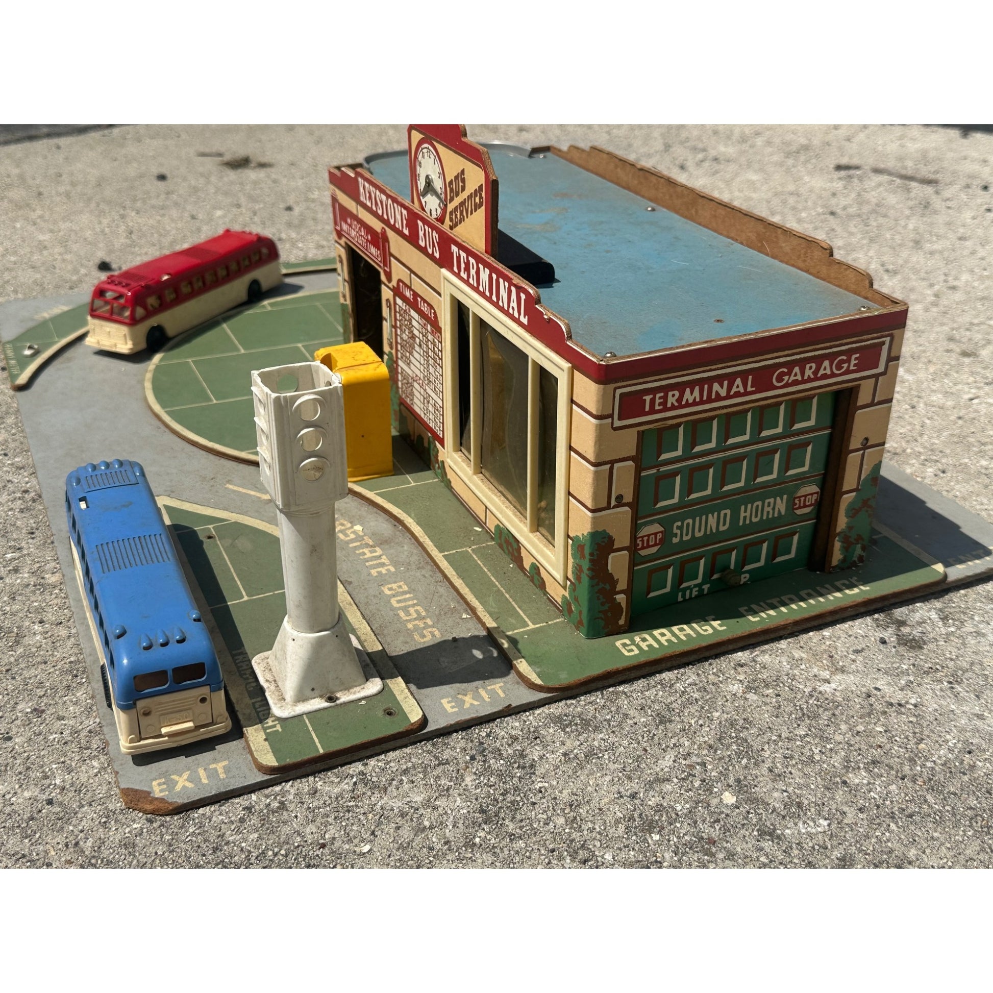 Vintage 1950s Keystone Bus Terminal Toy Playset w/ Greyhound Buses