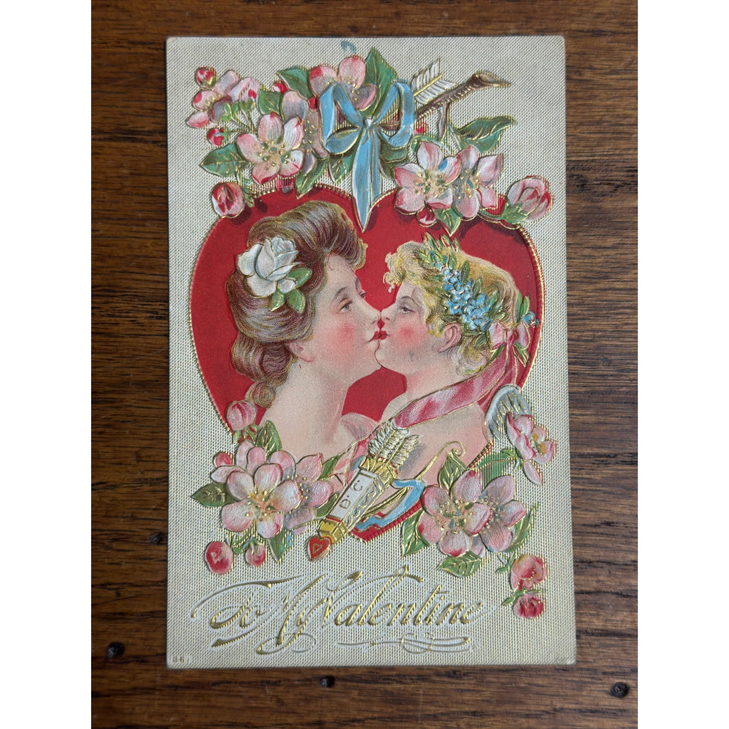 Valentine's Day Postcard Romantic Kissing Couple Valentine Embossed 361