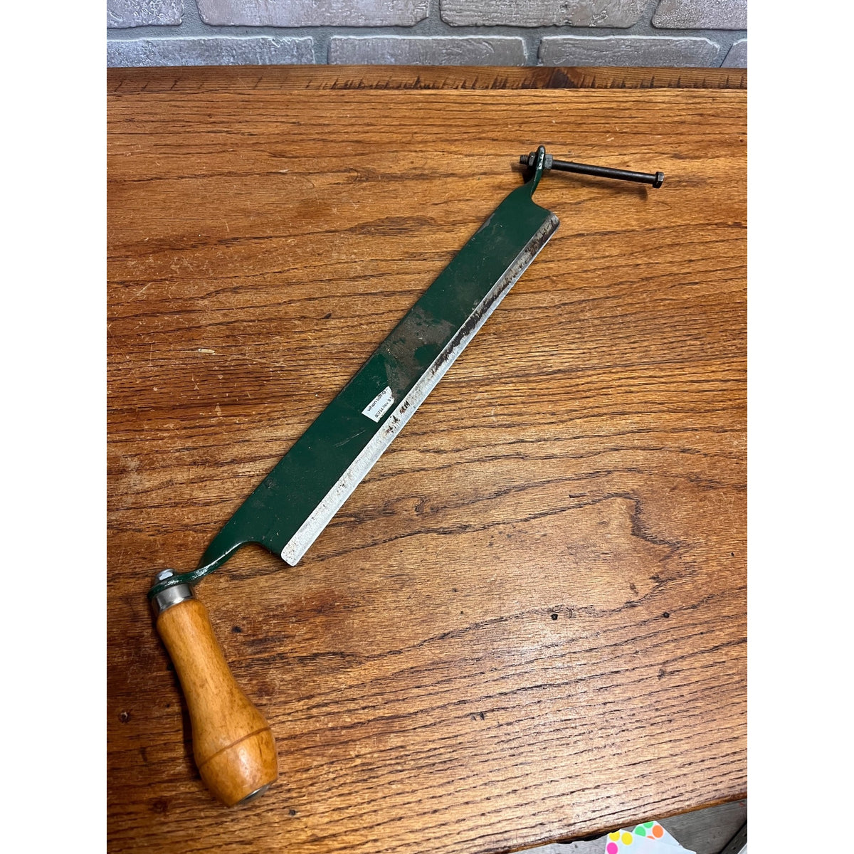 Vintage 13" Straight Drawknife / Draw Shave – Green Painted Steel – Wood Handle – Unmarked