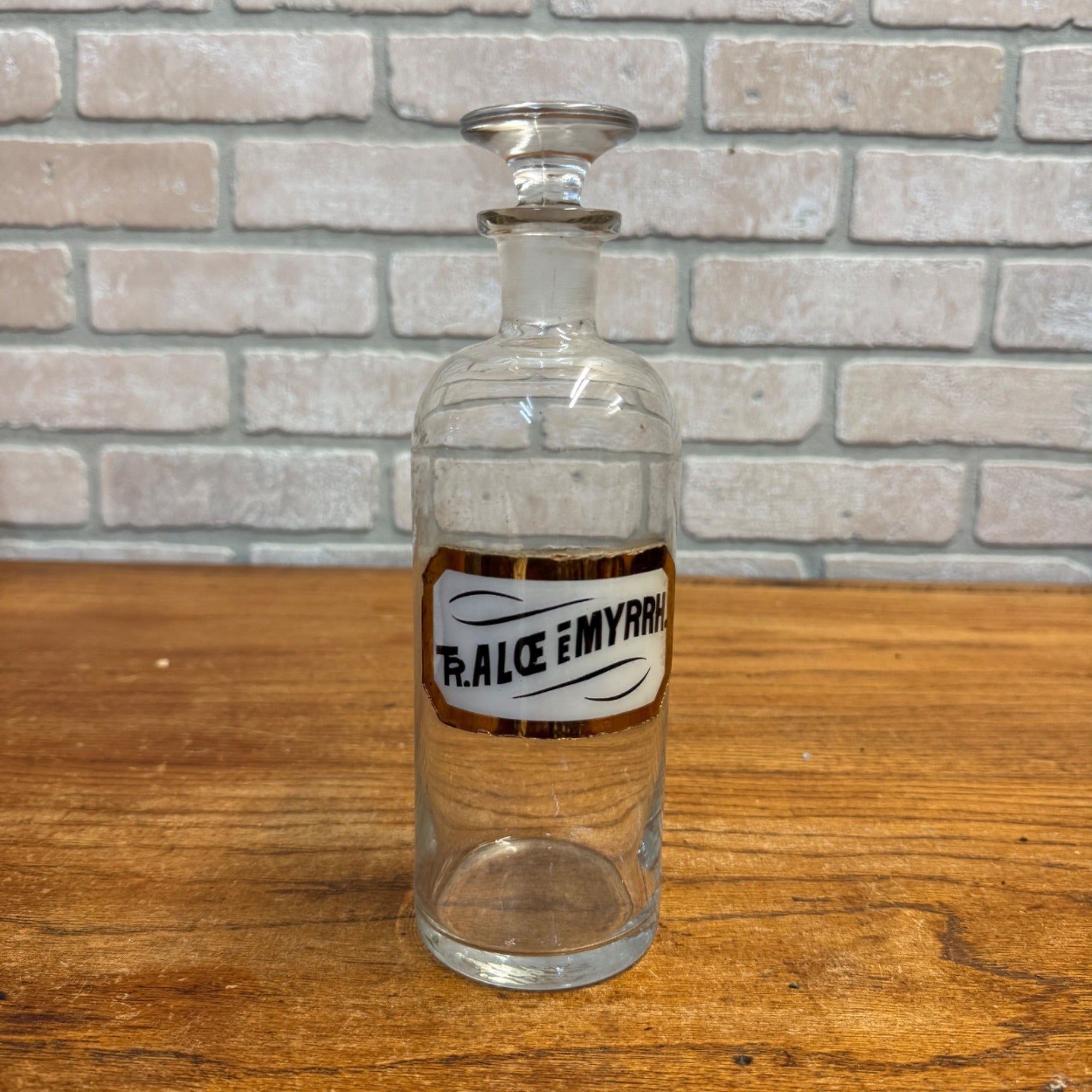 Vintage Glass Pharmacy Apothecary Bottle With Stopper and Glass Label Reading TR. Aloe E Myrrh (Tincture of Aloe and Myrrh)