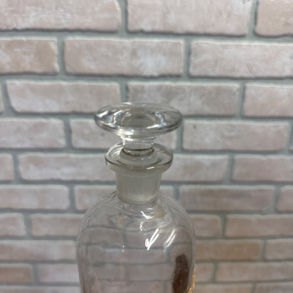 Vintage Glass Pharmacy Apothecary Bottle With Stopper and Glass Label Reading TR. Aloe E Myrrh (Tincture of Aloe and Myrrh)