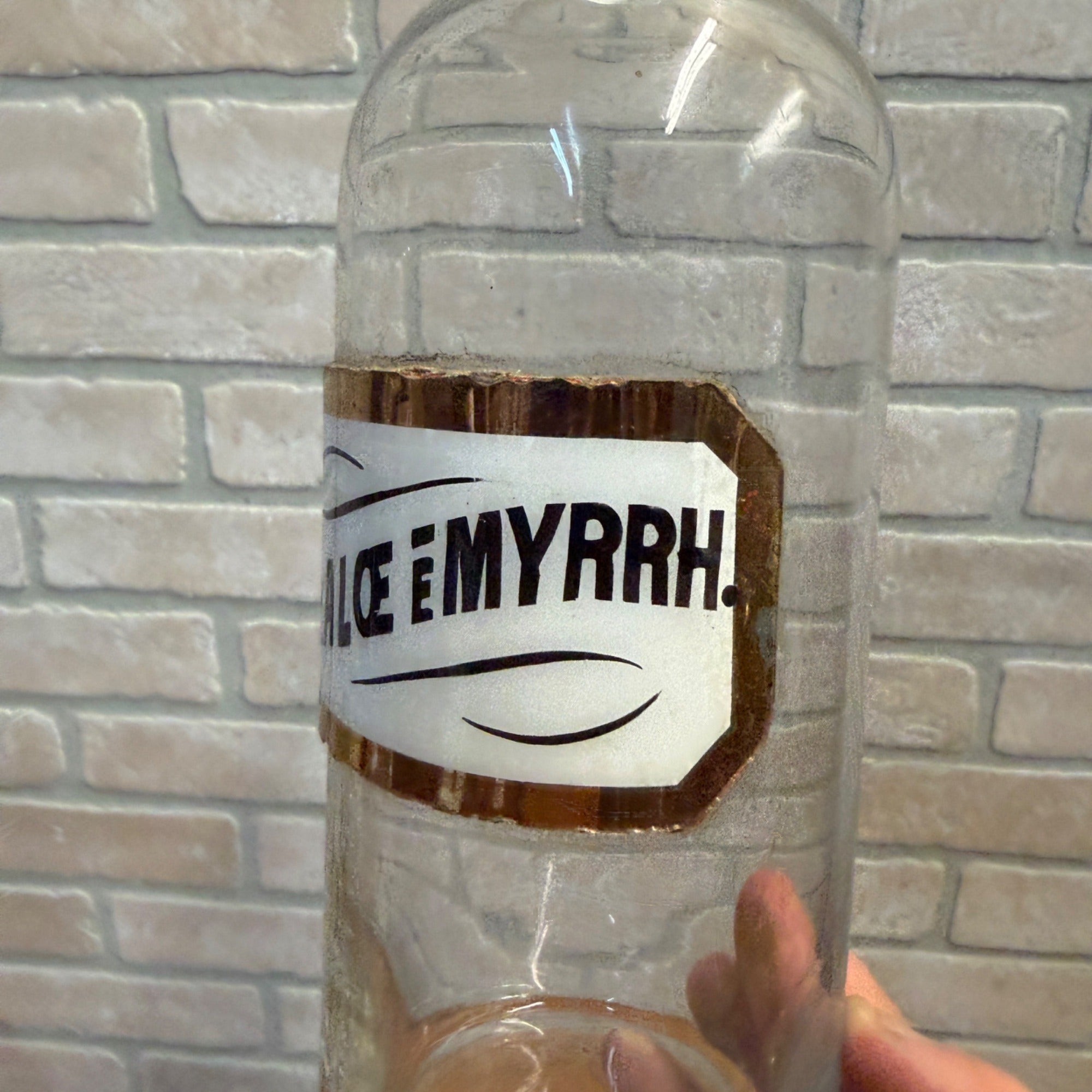 Vintage Glass Pharmacy Apothecary Bottle With Stopper and Glass Label Reading TR. Aloe E Myrrh (Tincture of Aloe and Myrrh)