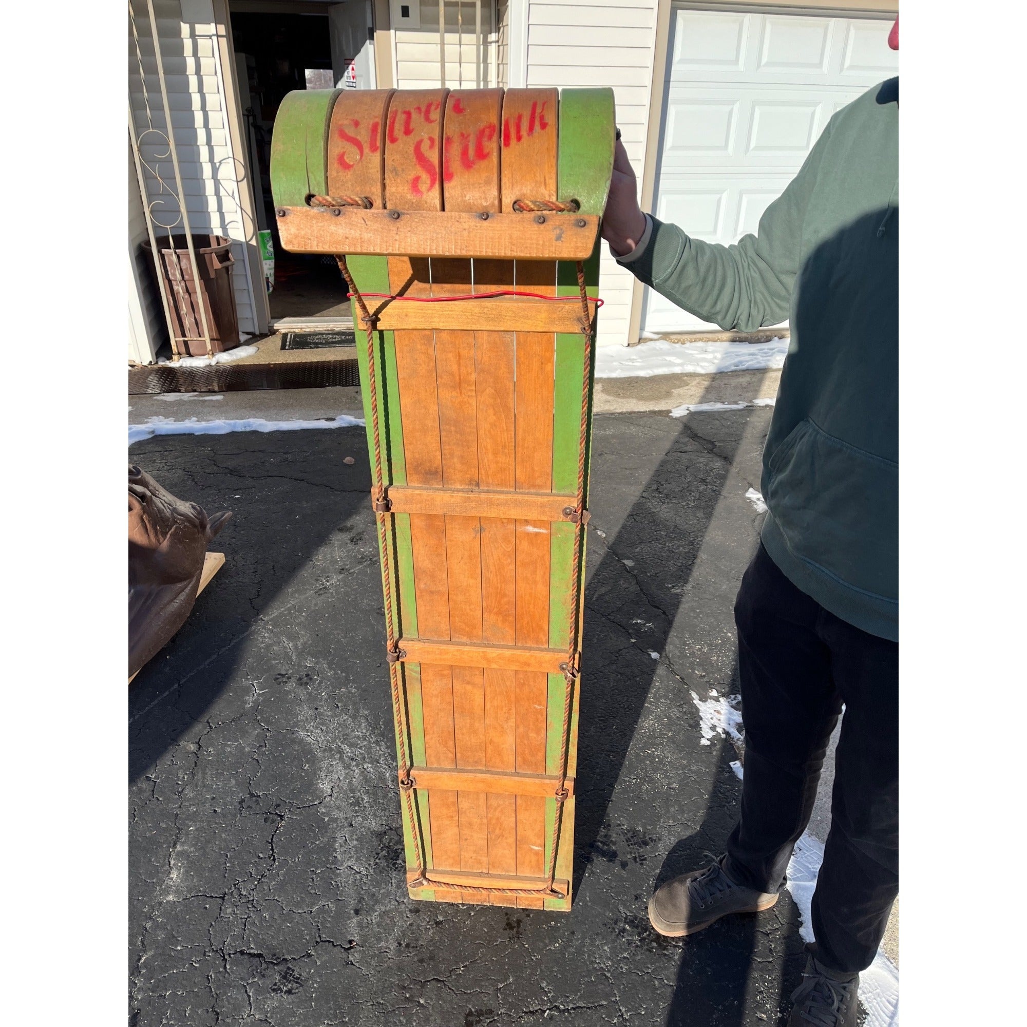 Antique Vintage Wooden "Silver Streak" Child's Toboggan Winter Sled Decor