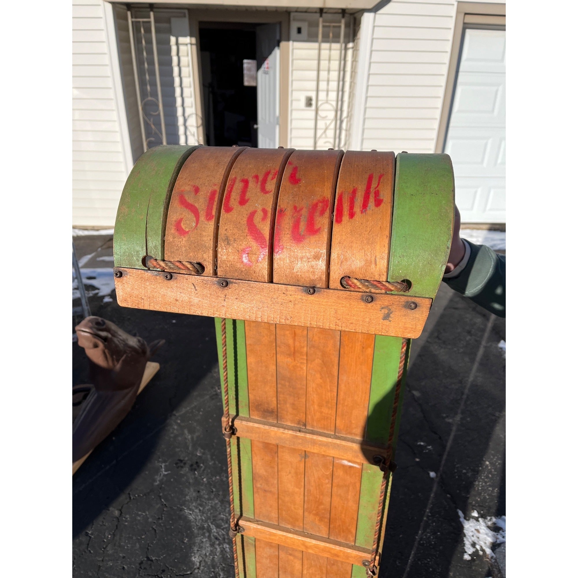 Antique Vintage Wooden "Silver Streak" Child's Toboggan Winter Sled Decor