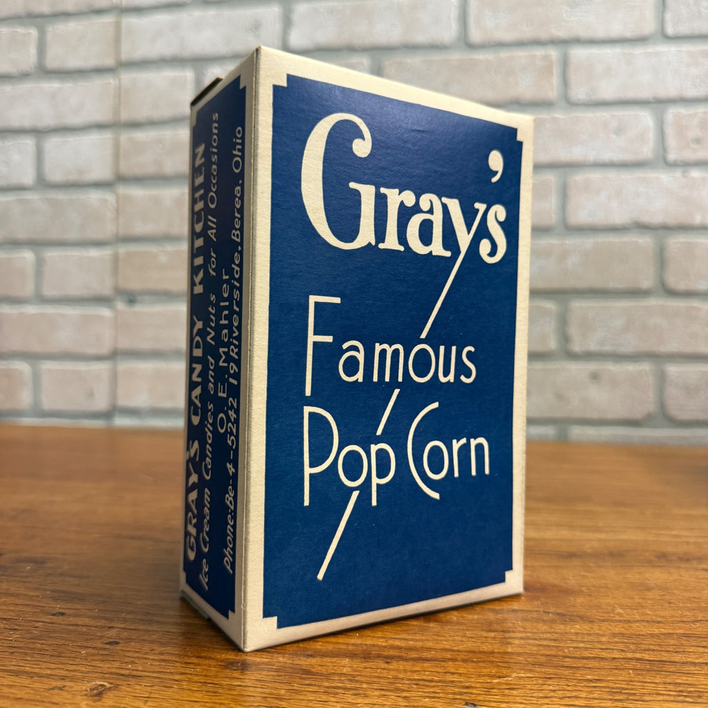 Grays Famous Popcorn Cardboard Box Berea Ohio. Grays Candy Kitchek