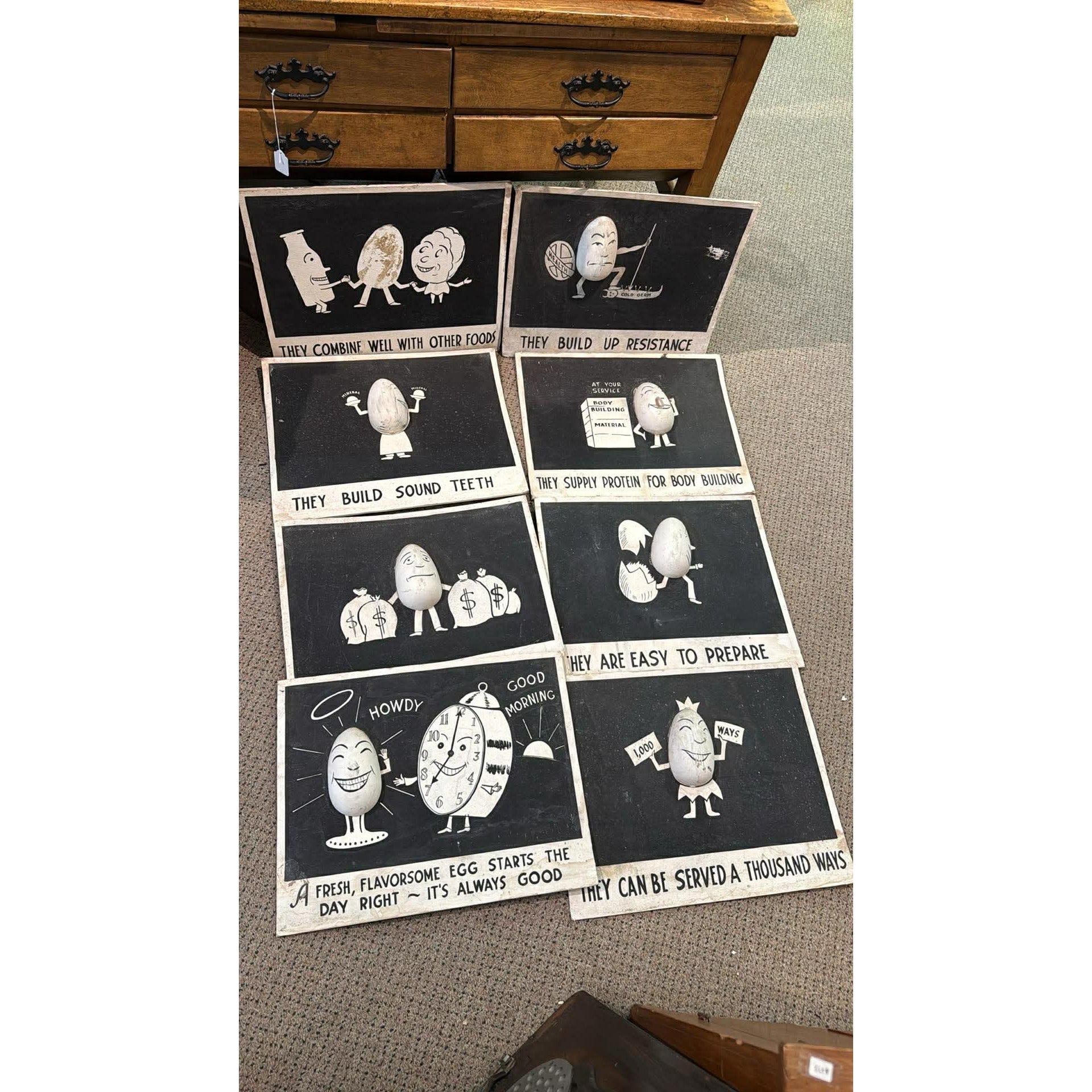 (8) Vintage Egg Unique OOAK Trade Advertising Sign Folk Art Grocery Store Signs