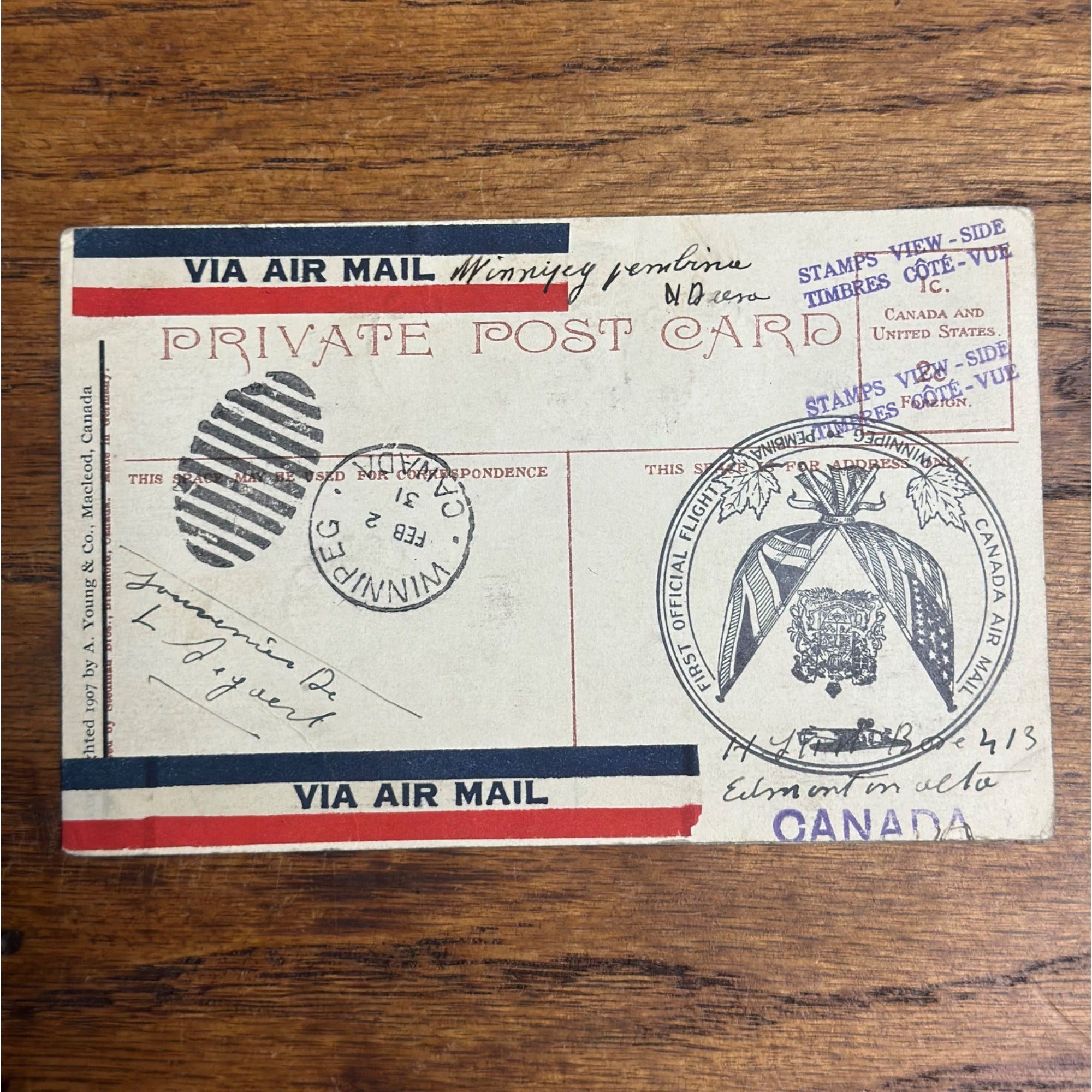 1931 Canada Air Mail Winnipeg Pembina Stamp First Flight Postcard 5 Cent 2 Cent