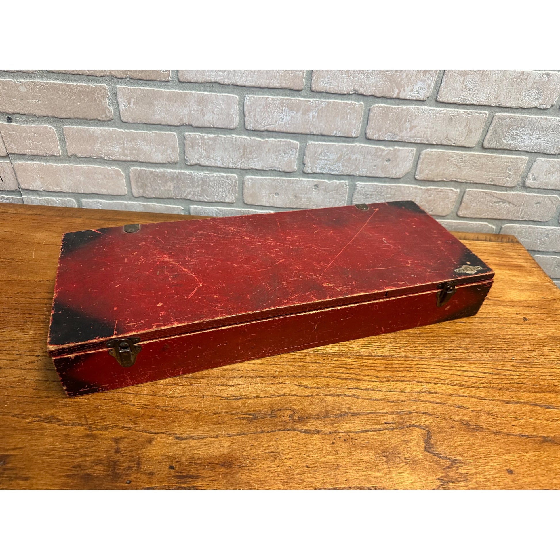 Antique Little Jim Erector Set Red & Black Wooden Box Crate Primitive Decor