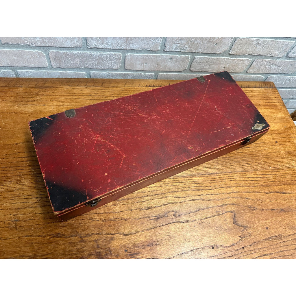 Antique Little Jim Erector Set Red & Black Wooden Box Crate Primitive Decor