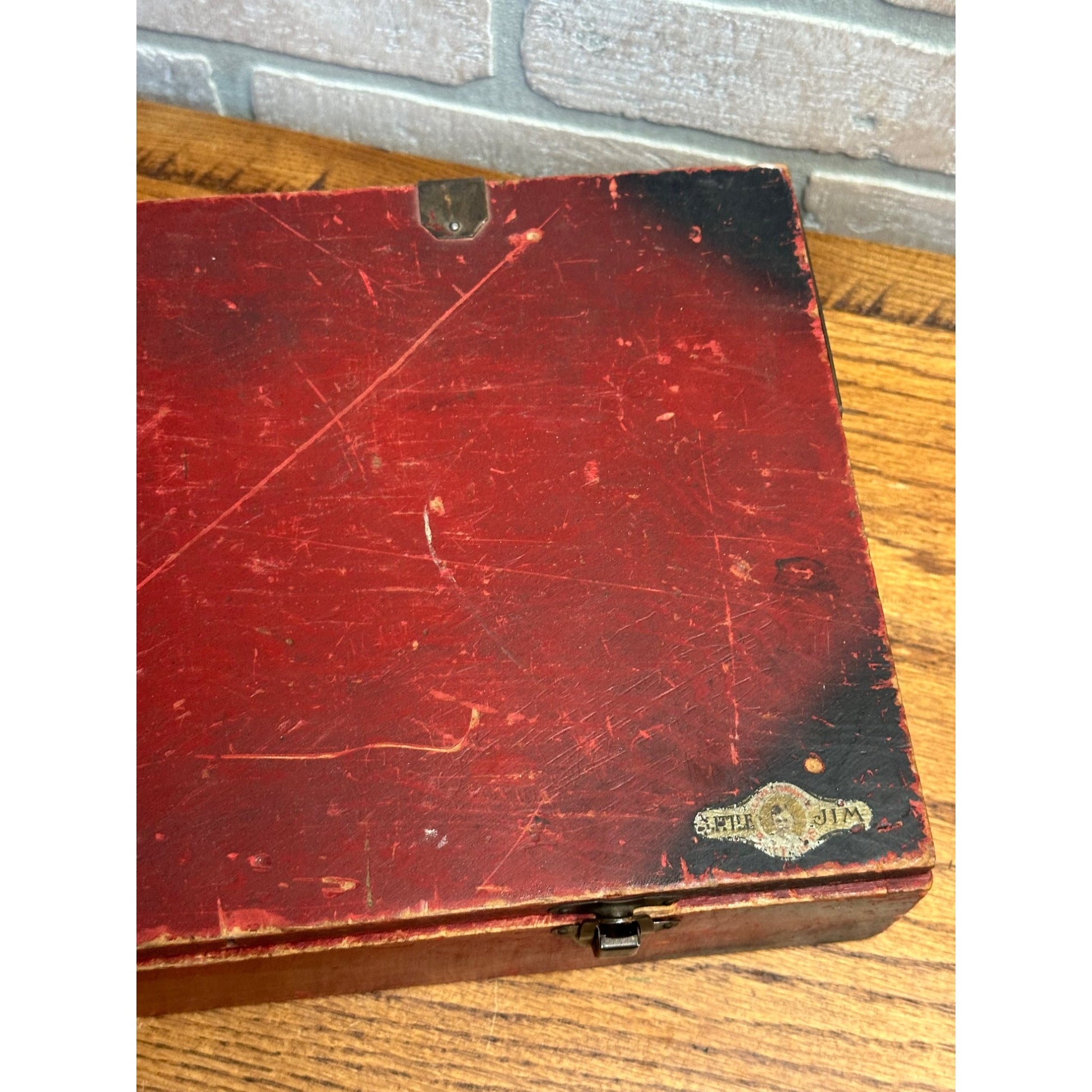 Antique Little Jim Erector Set Red & Black Wooden Box Crate Primitive Decor