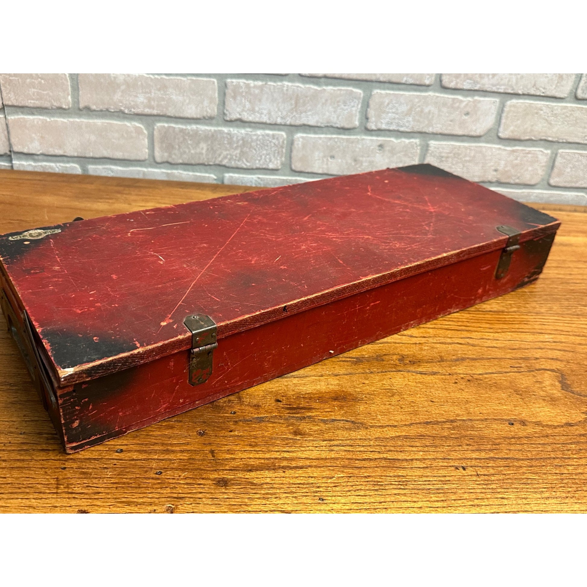 Antique Little Jim Erector Set Red & Black Wooden Box Crate Primitive Decor