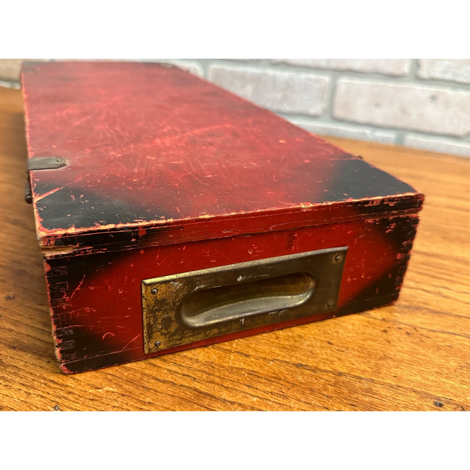 Antique Little Jim Erector Set Red & Black Wooden Box Crate Primitive Decor
