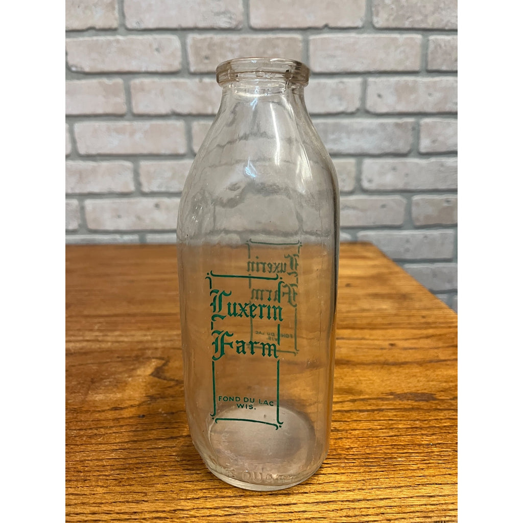 Vintage Luxerin Farm Dairy Quart Milk Bottle Fond du Lac Wis Wisconsin