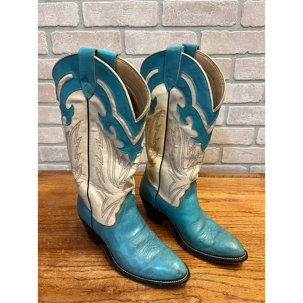 Vintage Laredo Women’s Western Cowboy Boots – Turquoise & White Leather – Size 8.5 B – USA Made