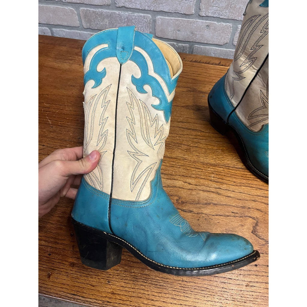Vintage Laredo Women’s Western Cowboy Boots – Turquoise & White Leather – Size 8.5 B – USA Made