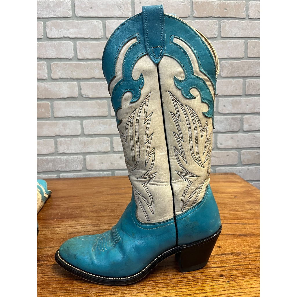 Vintage Laredo Women’s Western Cowboy Boots – Turquoise & White Leather – Size 8.5 B – USA Made