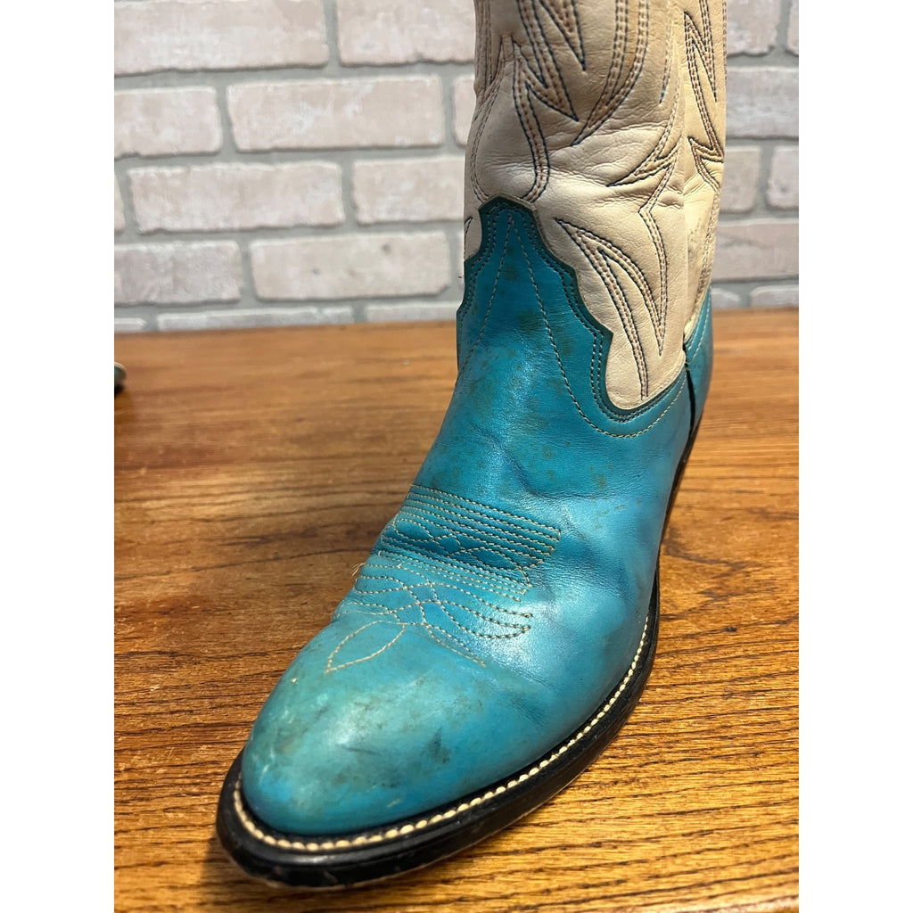 Vintage Laredo Women’s Western Cowboy Boots – Turquoise & White Leather – Size 8.5 B – USA Made