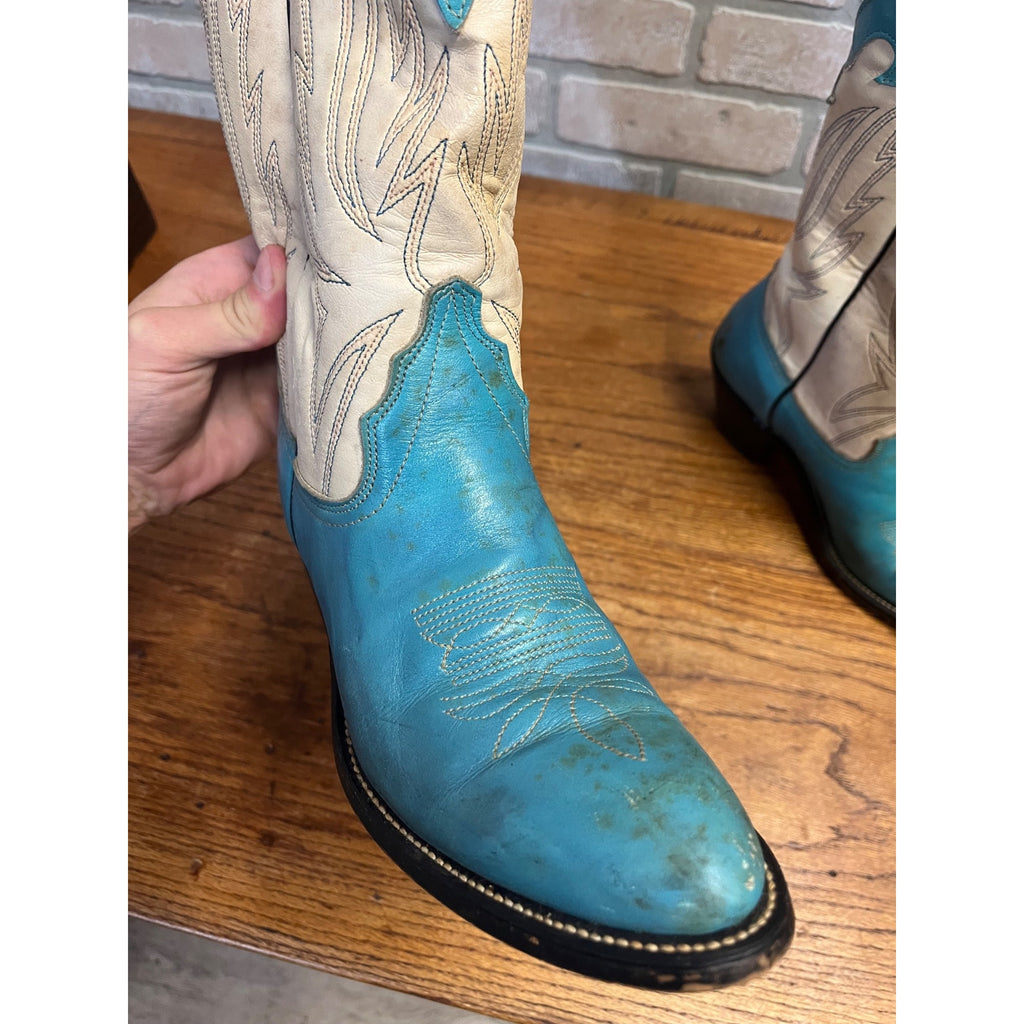 Vintage Laredo Women’s Western Cowboy Boots – Turquoise & White Leather – Size 8.5 B – USA Made