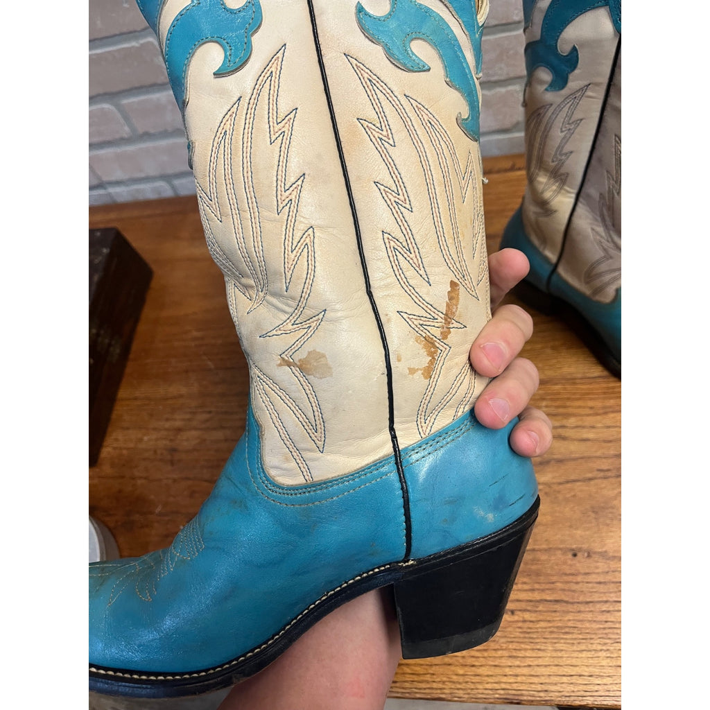 Vintage Laredo Women’s Western Cowboy Boots – Turquoise & White Leather – Size 8.5 B – USA Made