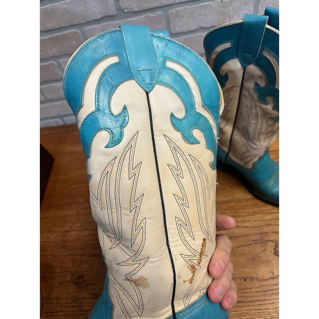 Vintage Laredo Women’s Western Cowboy Boots – Turquoise & White Leather – Size 8.5 B – USA Made