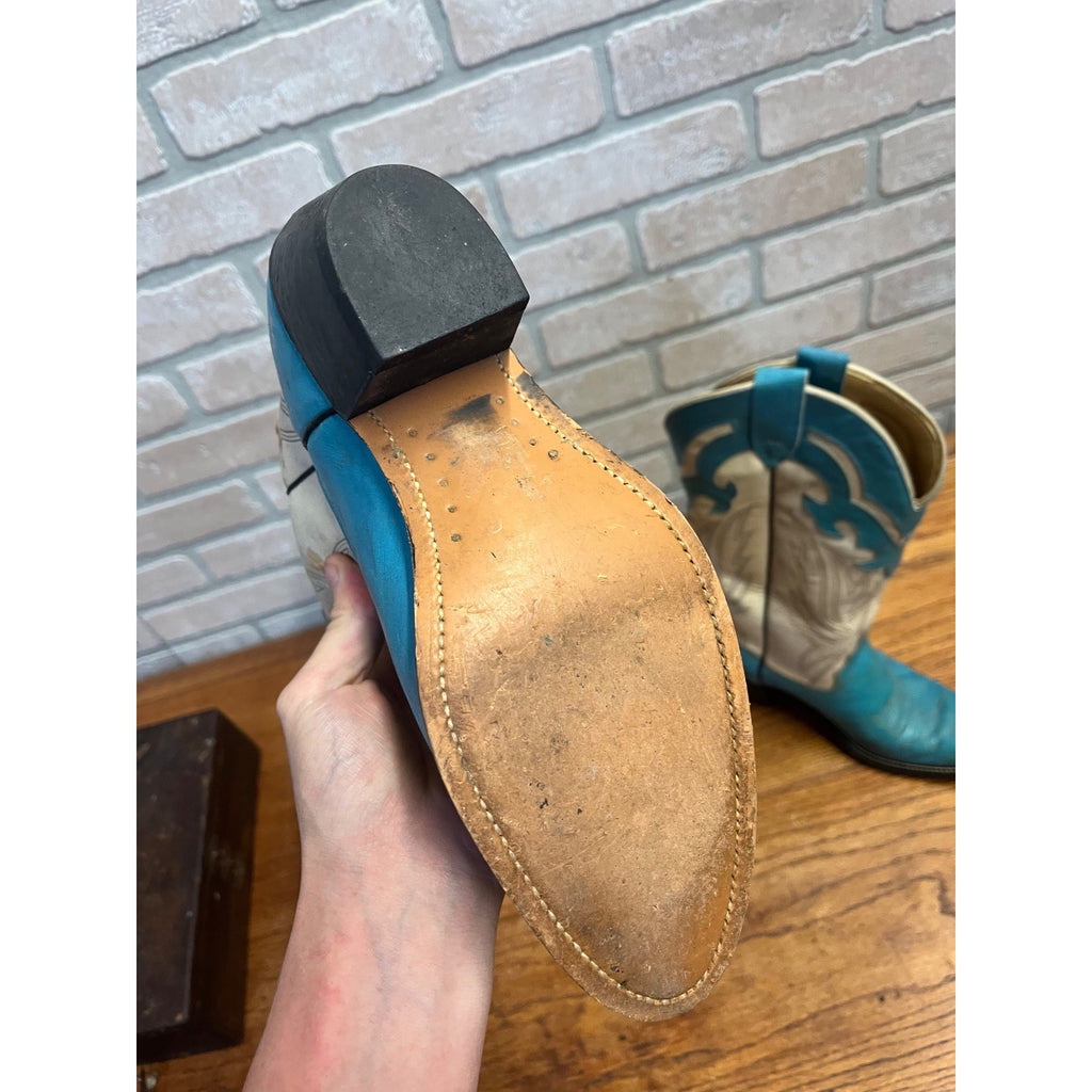 Vintage Laredo Women’s Western Cowboy Boots – Turquoise & White Leather – Size 8.5 B – USA Made