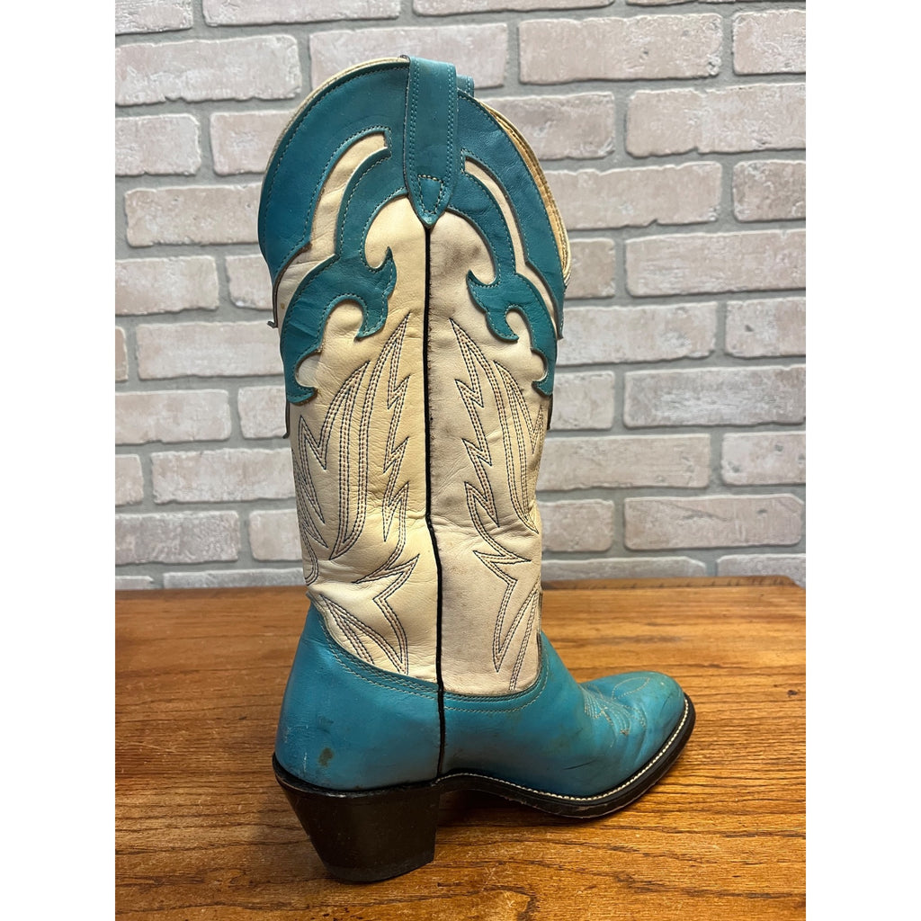Vintage Laredo Women’s Western Cowboy Boots – Turquoise & White Leather – Size 8.5 B – USA Made