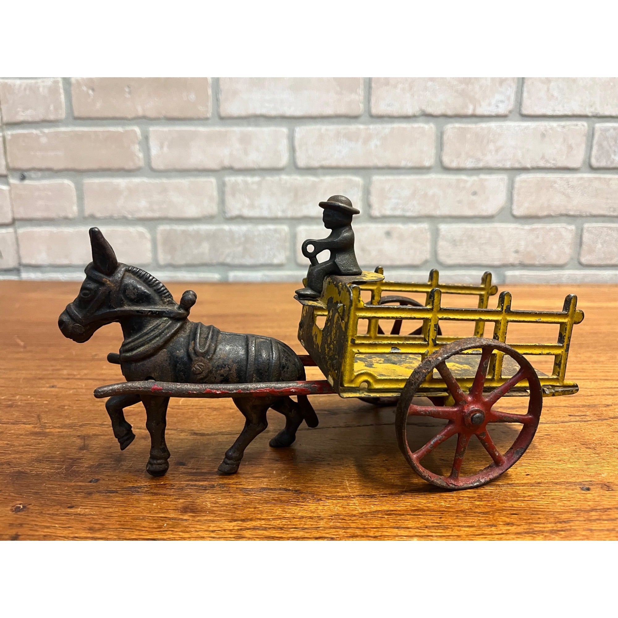 Antique Cast Iron Donkey Cart Wagon & Driver Toy Stake Bed Arcade? Wilkins? Ives?