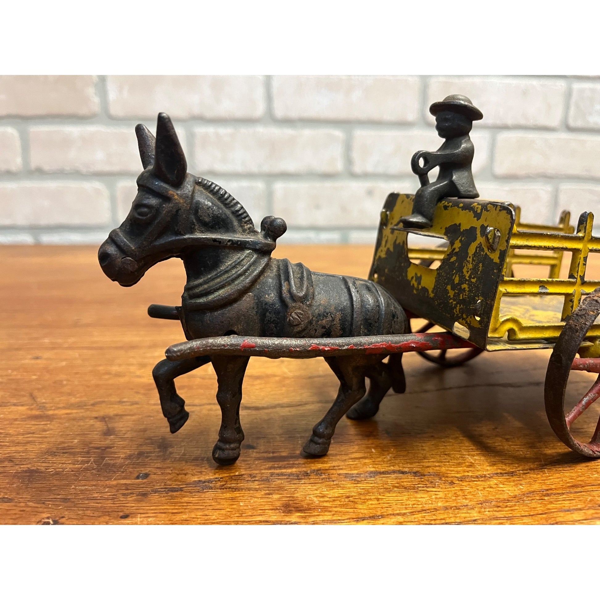Antique Cast Iron Donkey Cart Wagon & Driver Toy Stake Bed Arcade? Wilkins? Ives?