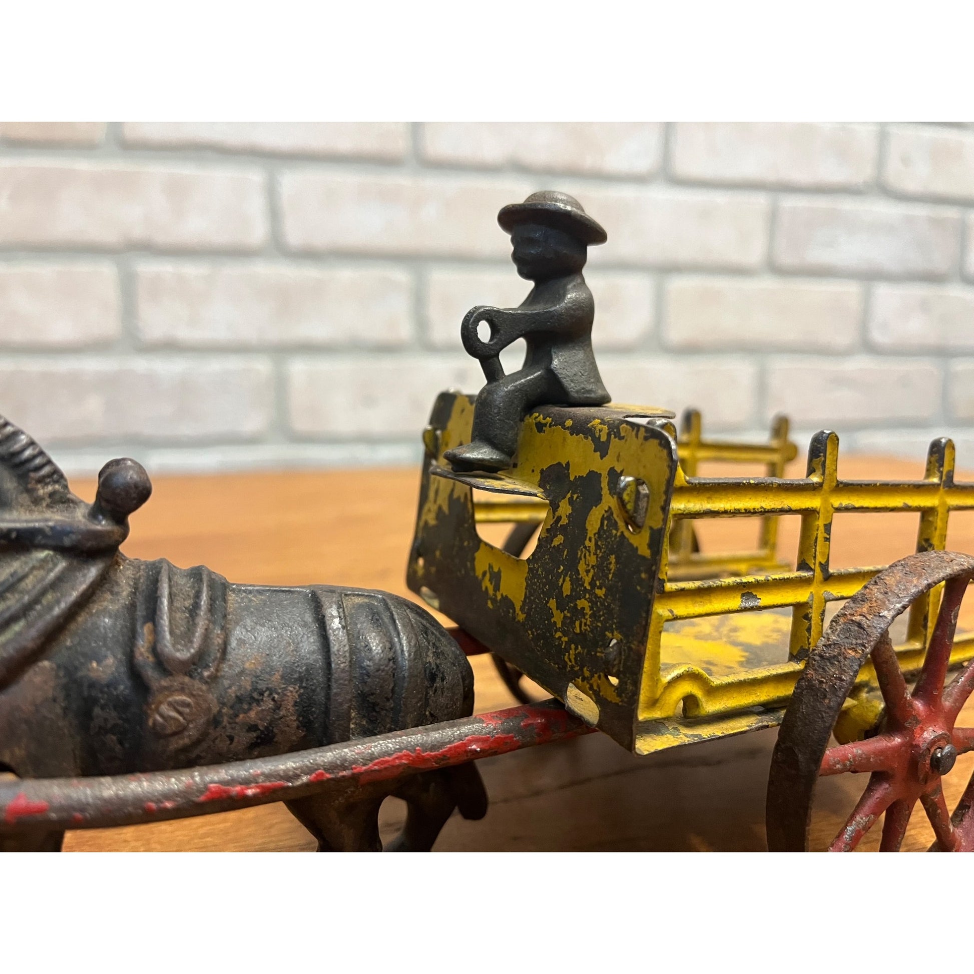 Antique Cast Iron Donkey Cart Wagon & Driver Toy Stake Bed Arcade? Wilkins? Ives?