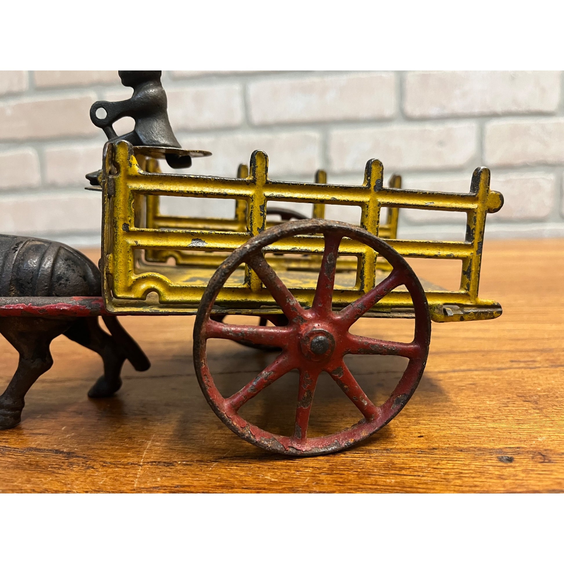 Antique Cast Iron Donkey Cart Wagon & Driver Toy Stake Bed Arcade? Wilkins? Ives?