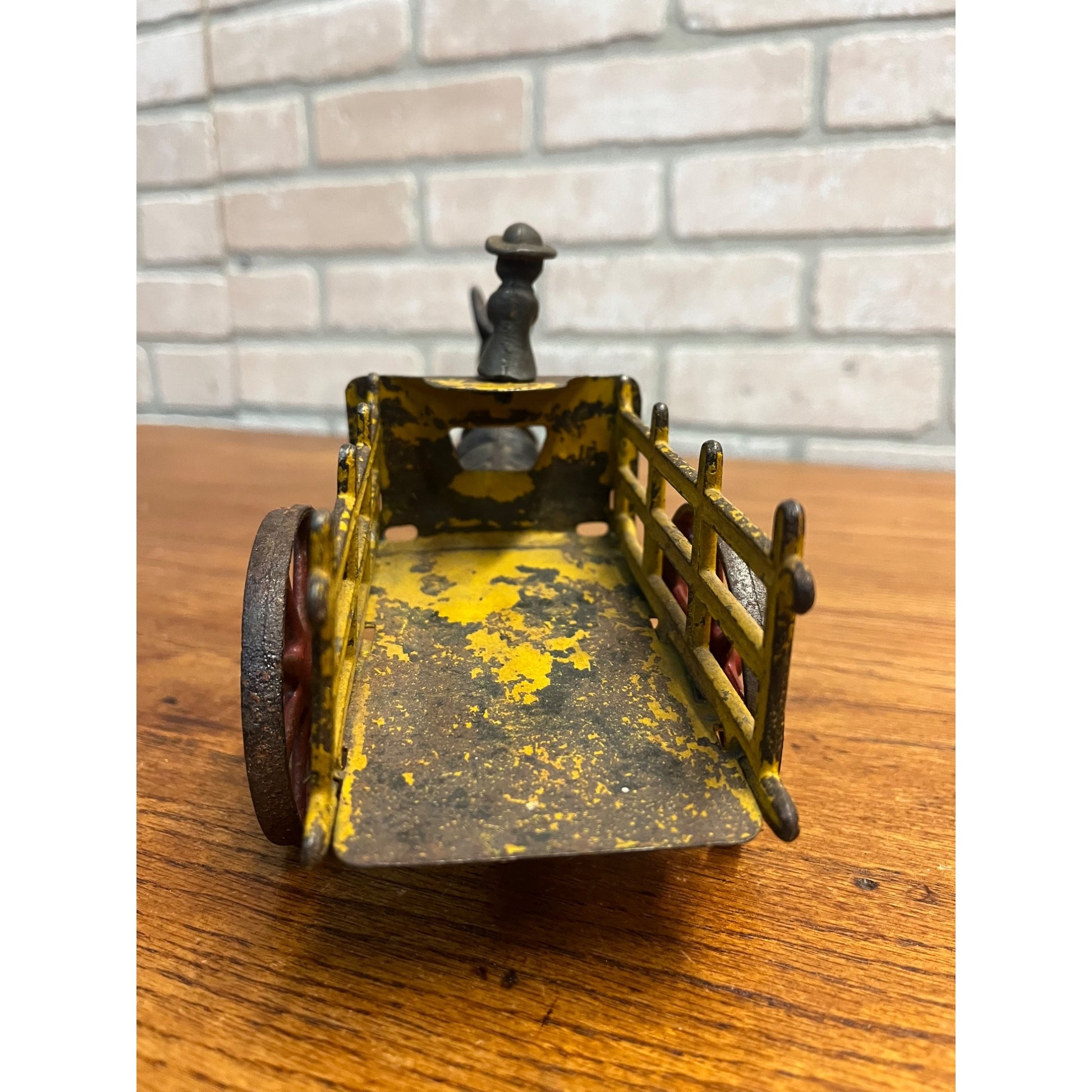 Antique Cast Iron Donkey Cart Wagon & Driver Toy Stake Bed Arcade? Wilkins? Ives?