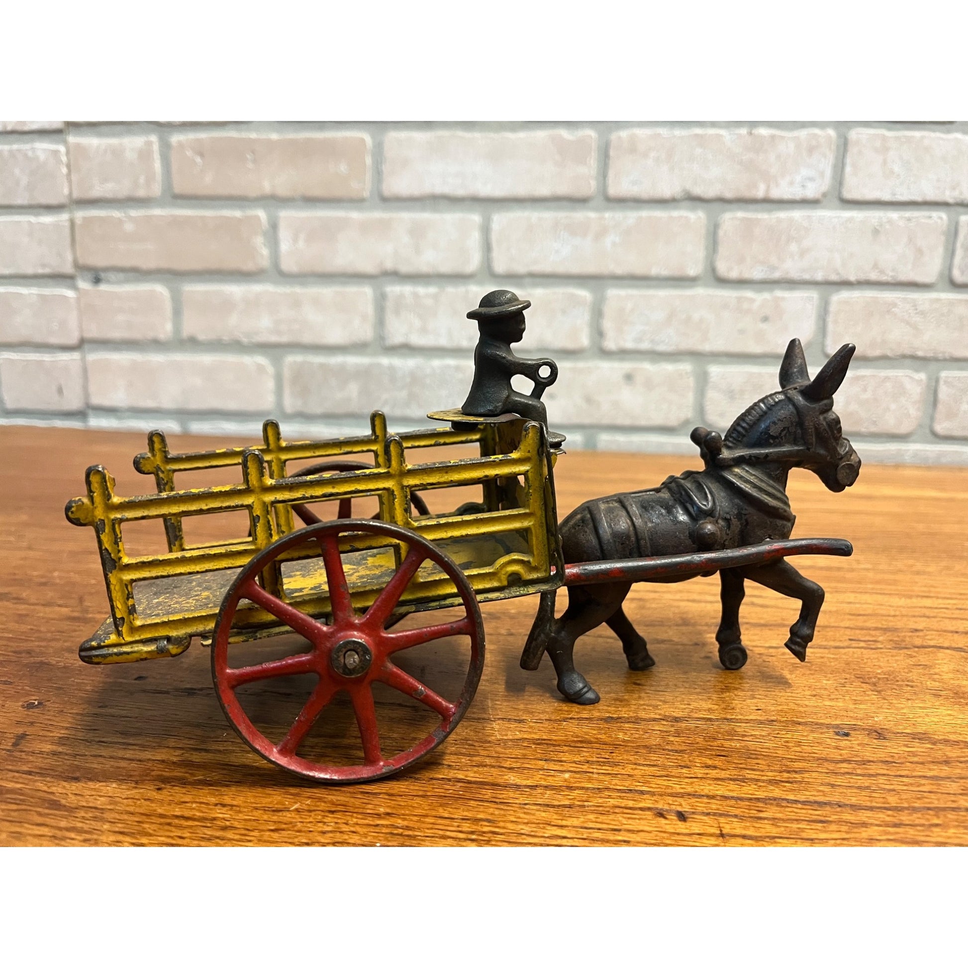 Antique Cast Iron Donkey Cart Wagon & Driver Toy Stake Bed Arcade? Wilkins? Ives?