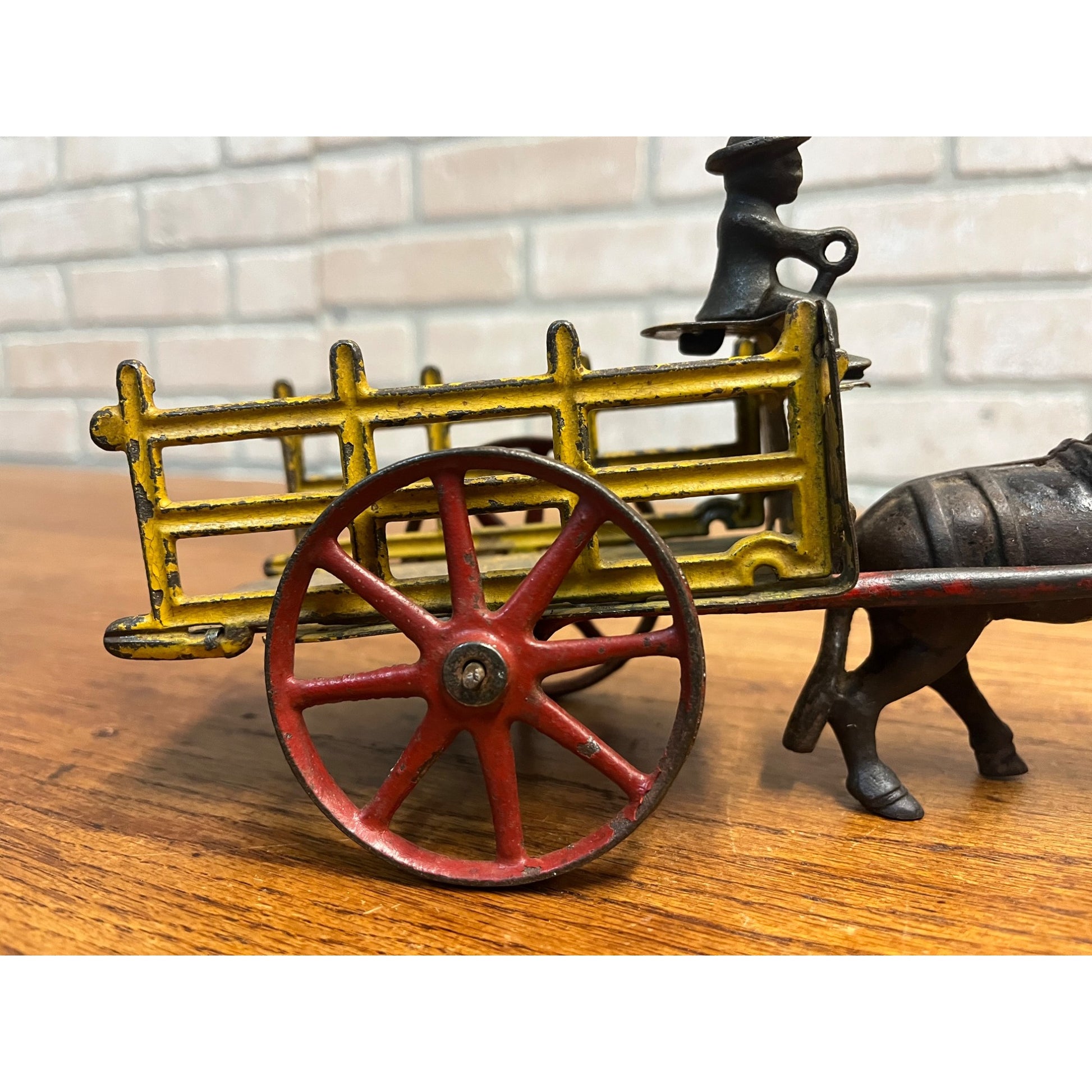 Antique Cast Iron Donkey Cart Wagon & Driver Toy Stake Bed Arcade? Wilkins? Ives?