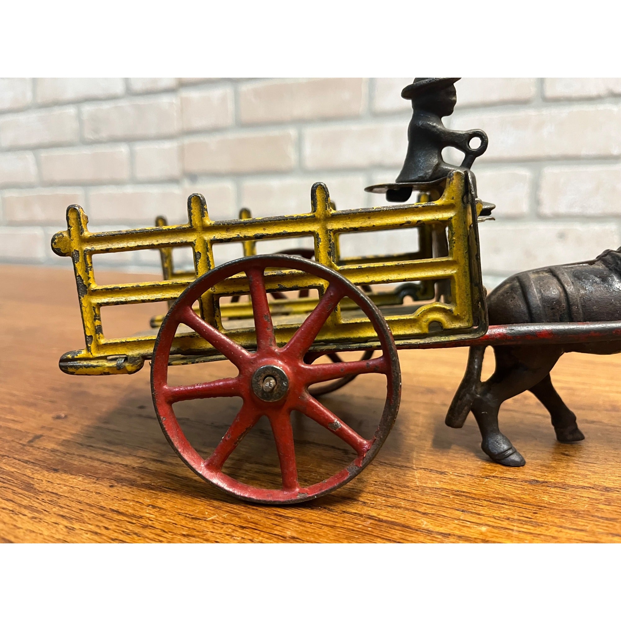 Antique Cast Iron Donkey Cart Wagon & Driver Toy Stake Bed Arcade? Wilkins? Ives?