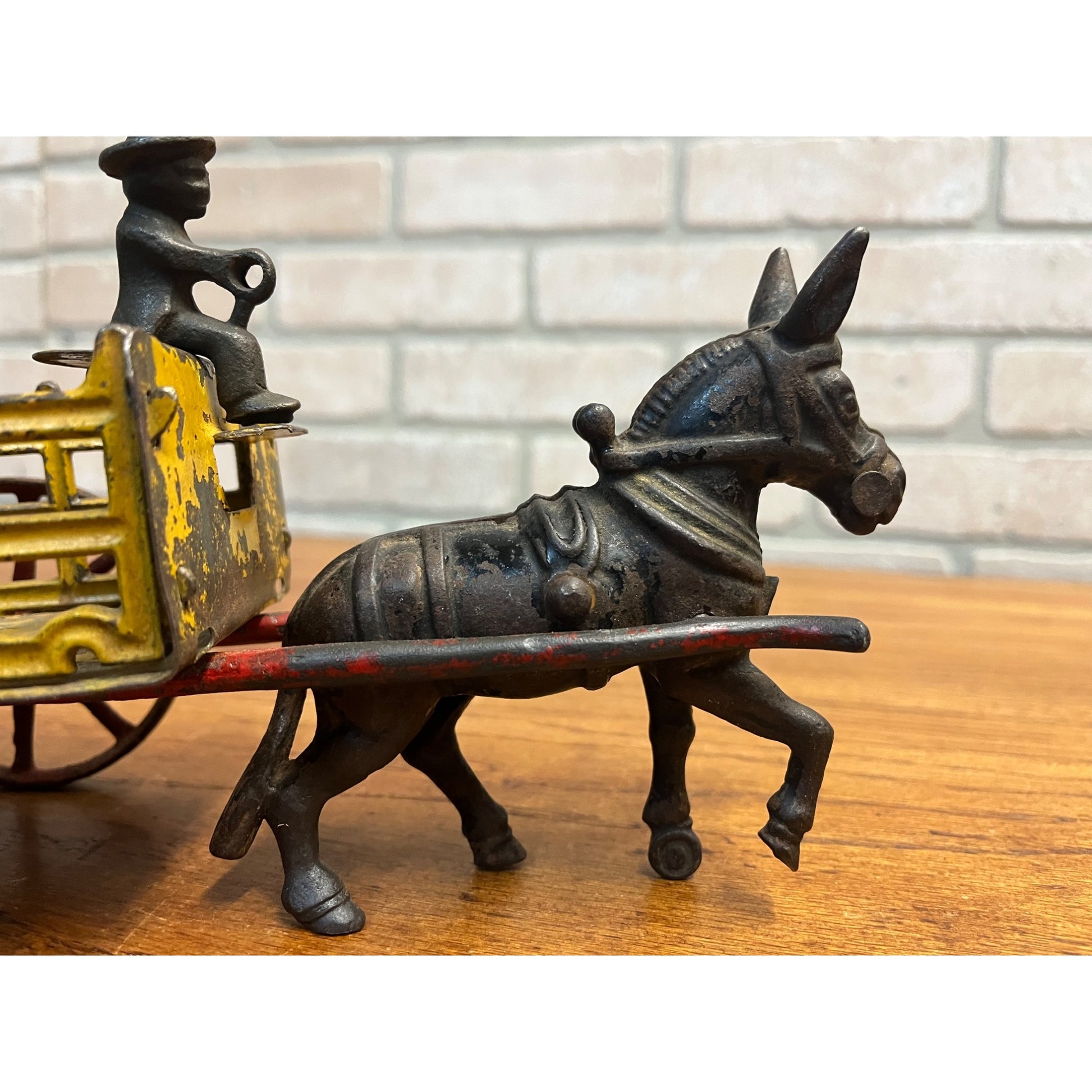 Antique Cast Iron Donkey Cart Wagon & Driver Toy Stake Bed Arcade? Wilkins? Ives?