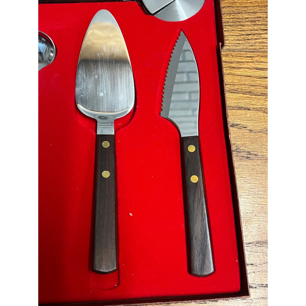 Vintage MCM Burnco Serving Utensil 4pc Set Teak Wood Pizza Cutter Spatula ++