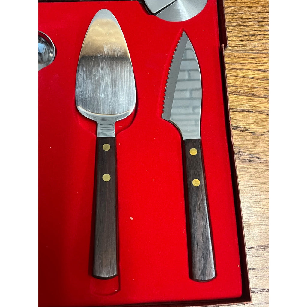 Vintage MCM Burnco Serving Utensil 4pc Set Teak Wood Pizza Cutter Spatula ++