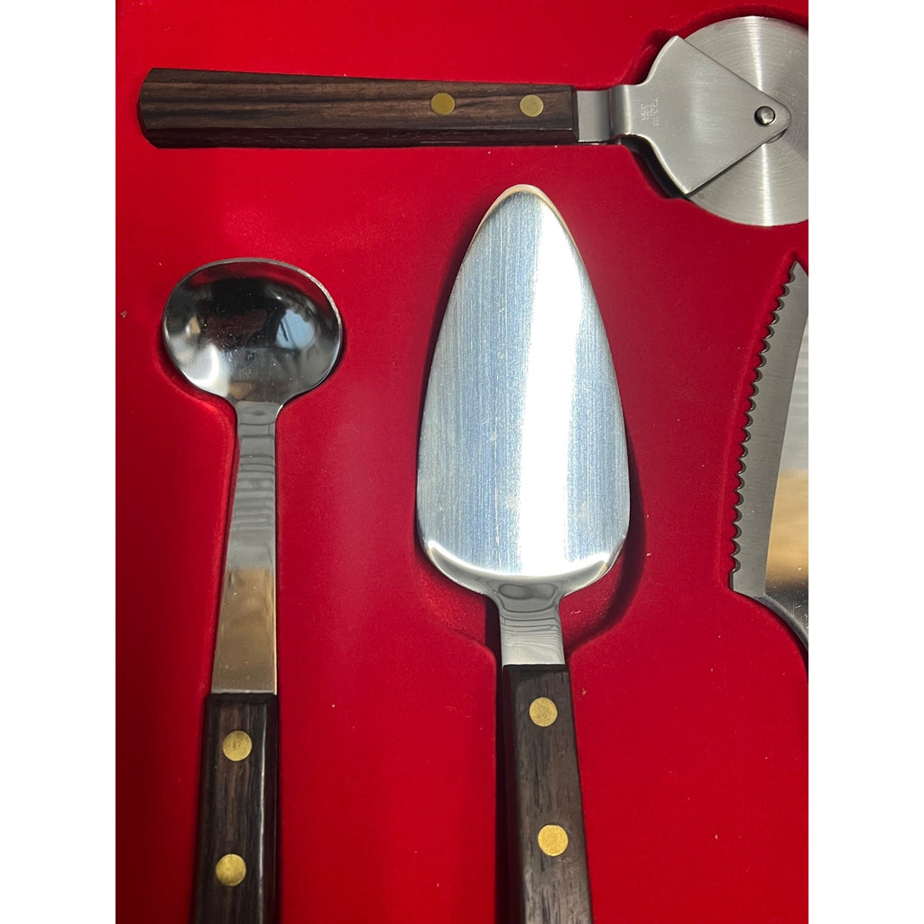 Vintage MCM Burnco Serving Utensil 4pc Set Teak Wood Pizza Cutter Spatula ++