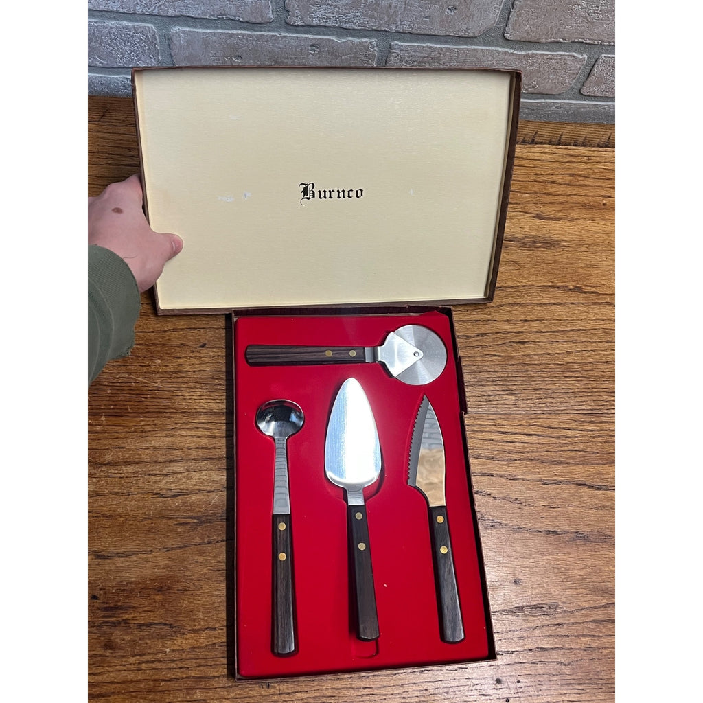Vintage MCM Burnco Serving Utensil 4pc Set Teak Wood Pizza Cutter Spatula ++