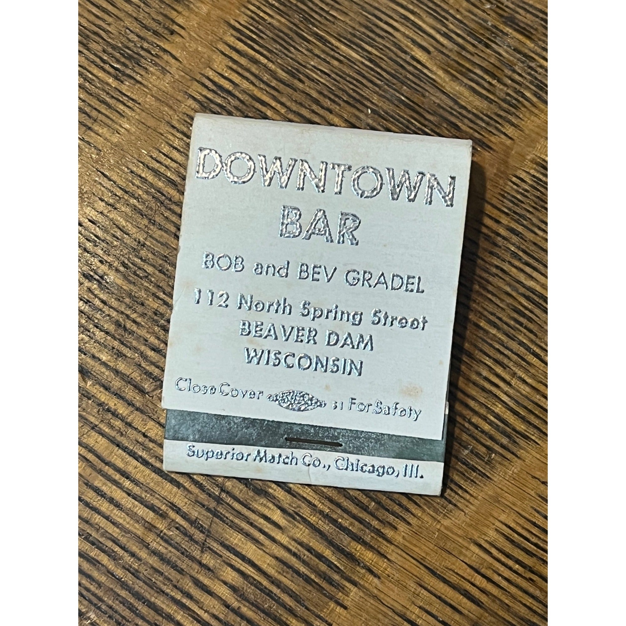 VINTAGE Matchbook Advertising Downtown Bar Bob & Bev Gradel - Beaver Dam, Wis.