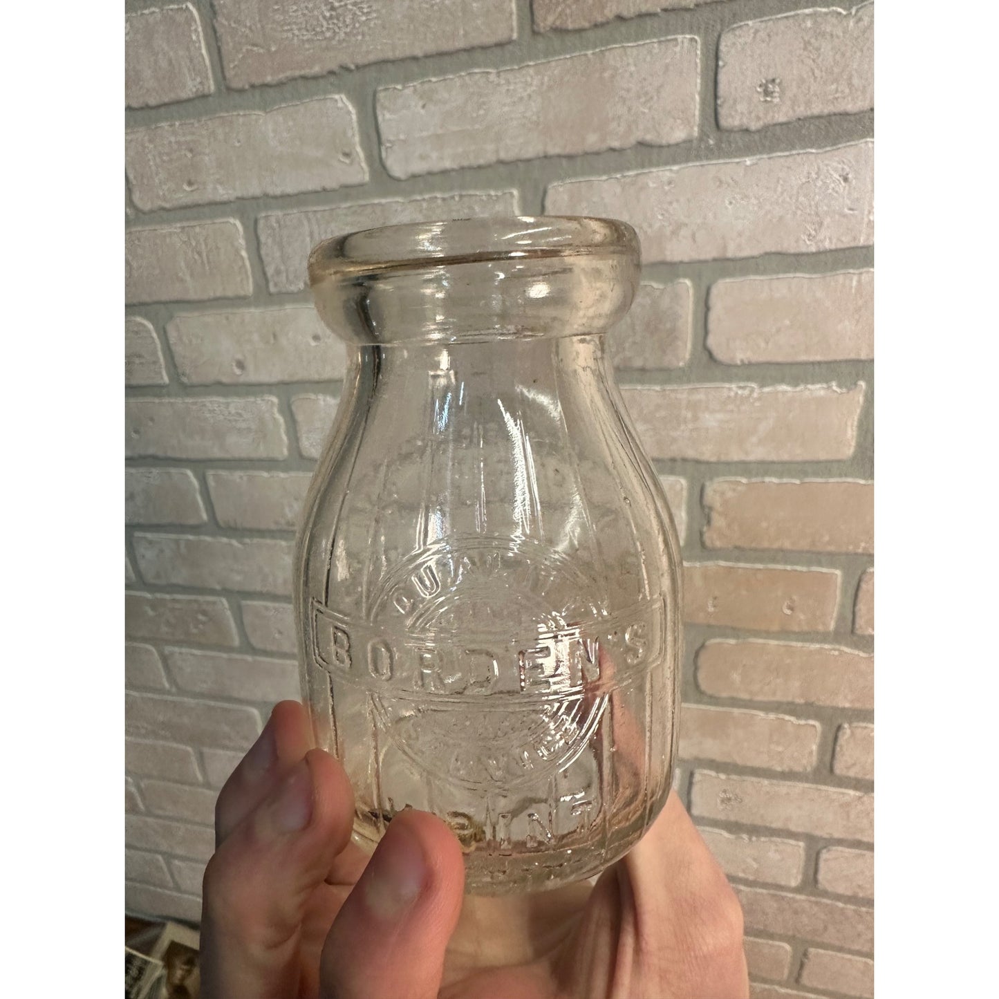 Vintage Borden's Dairy 1/2 Pint Glass Milk Bottle Embossed Ribbed