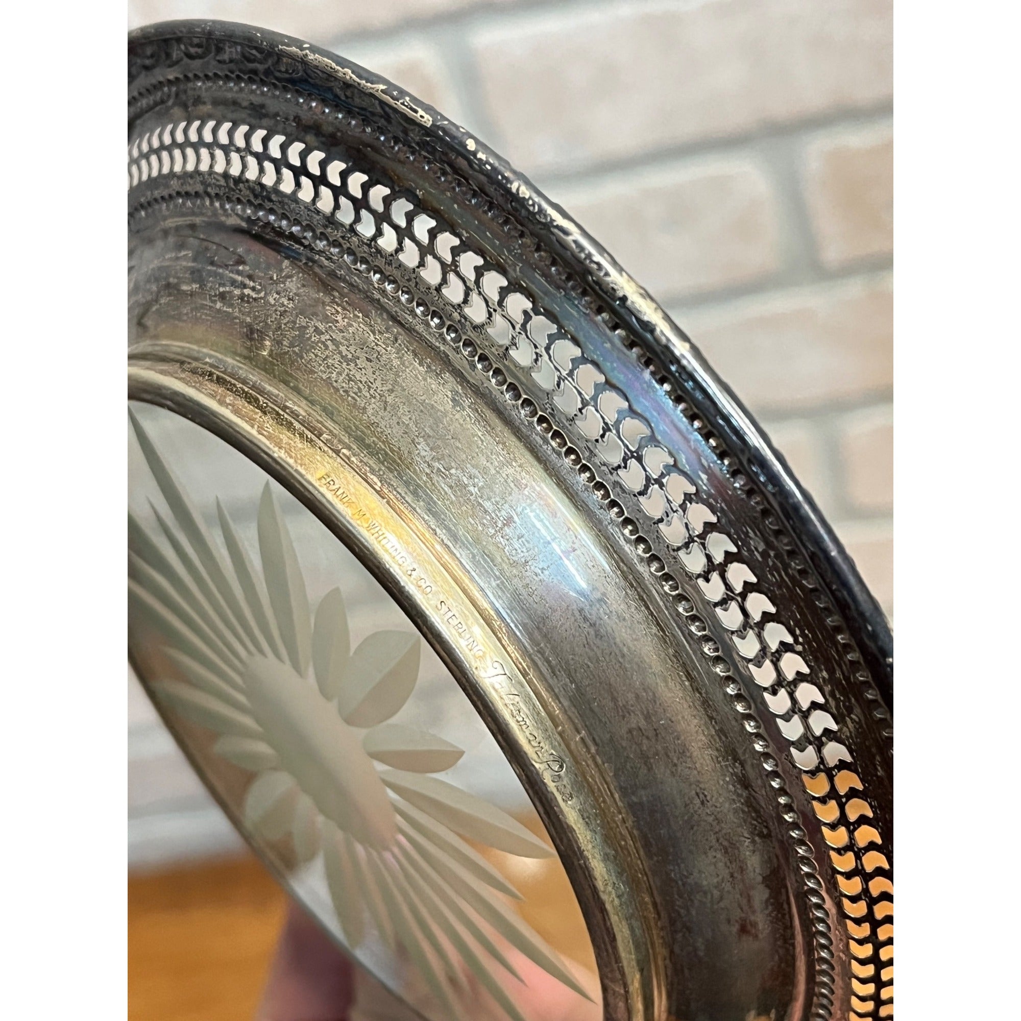 Vintage Frank Whiting Talisman Rose Sterling Silver Glass Plate 6.5"