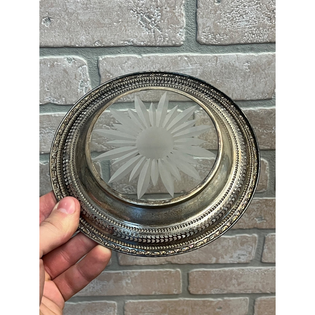 Vintage Frank Whiting Talisman Rose Sterling Silver Glass Plate 6.5"